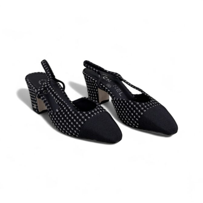 Chanel Slingback Heels, Tweed Cloth & Grosgrain, 2.5 inches Heels, Black