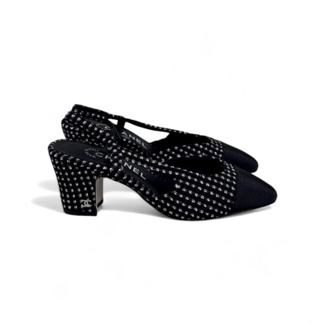 Chanel Slingback Heels, Tweed Cloth & Grosgrain, 2.5 inches Heels, Black