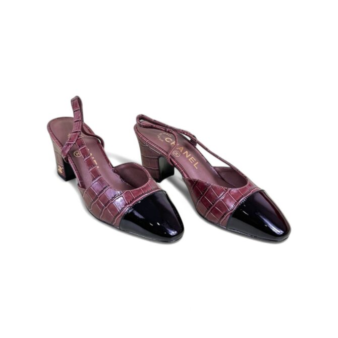 Chanel Slingback Heels, Calfskin & Patent Calfskin, 2.5 inches Heels, Wine Red & Black