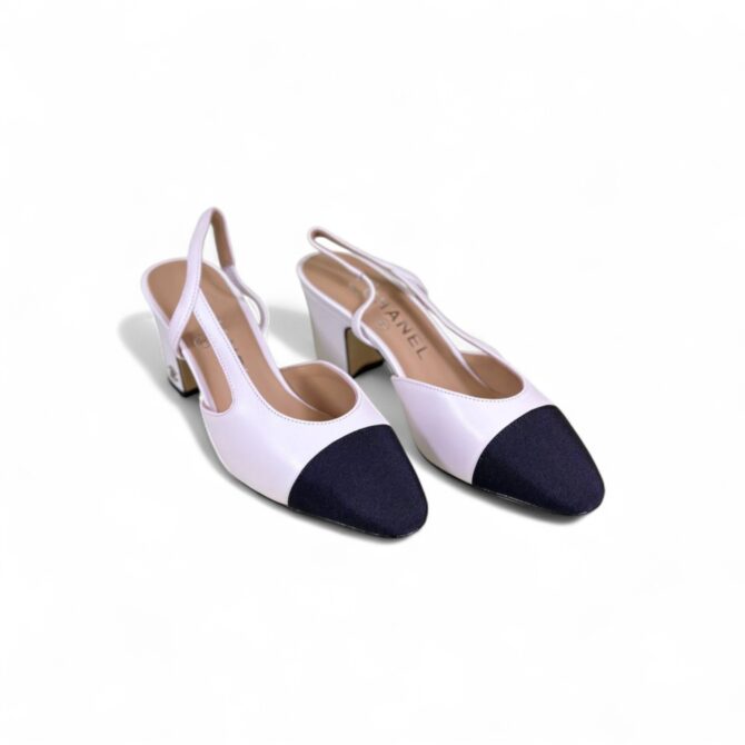 Chanel Slingback Heels, Calfskin & Grosgrain, 2.5 inches Heels, White & Black