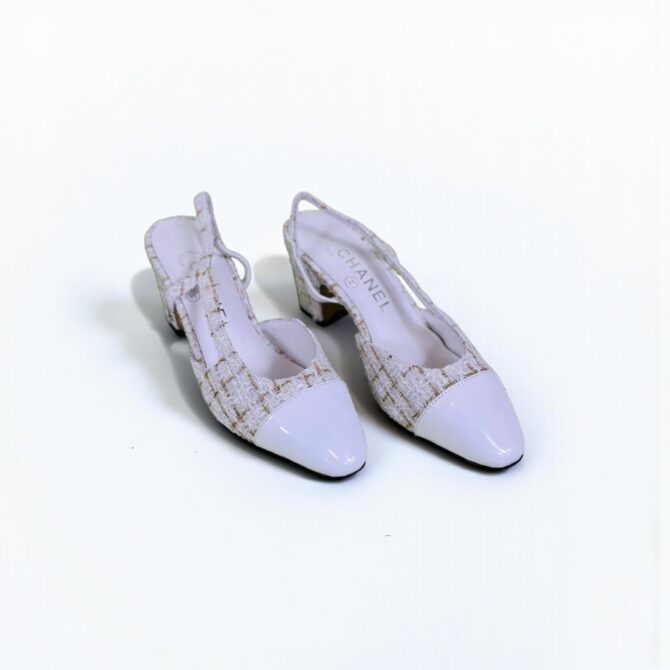 Chanel Slingback Heels, Tweed Cloth & Patent Calf, 2.5 inches Heels, White Gold & White