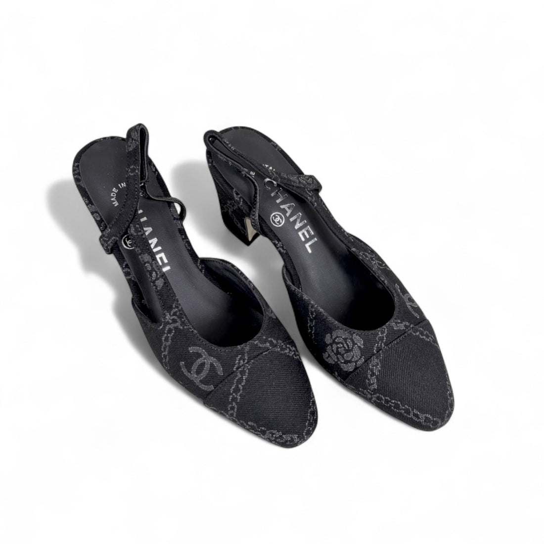 Chanel Slingback Heels, Denim, 2.5 inches Heels, Black