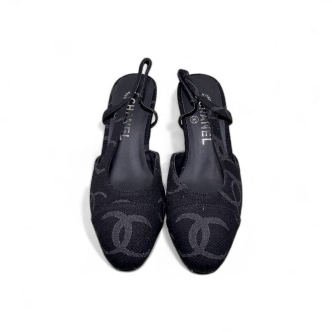 Chanel Slingback Heels, Denim, 2.5 inches Heels, Black