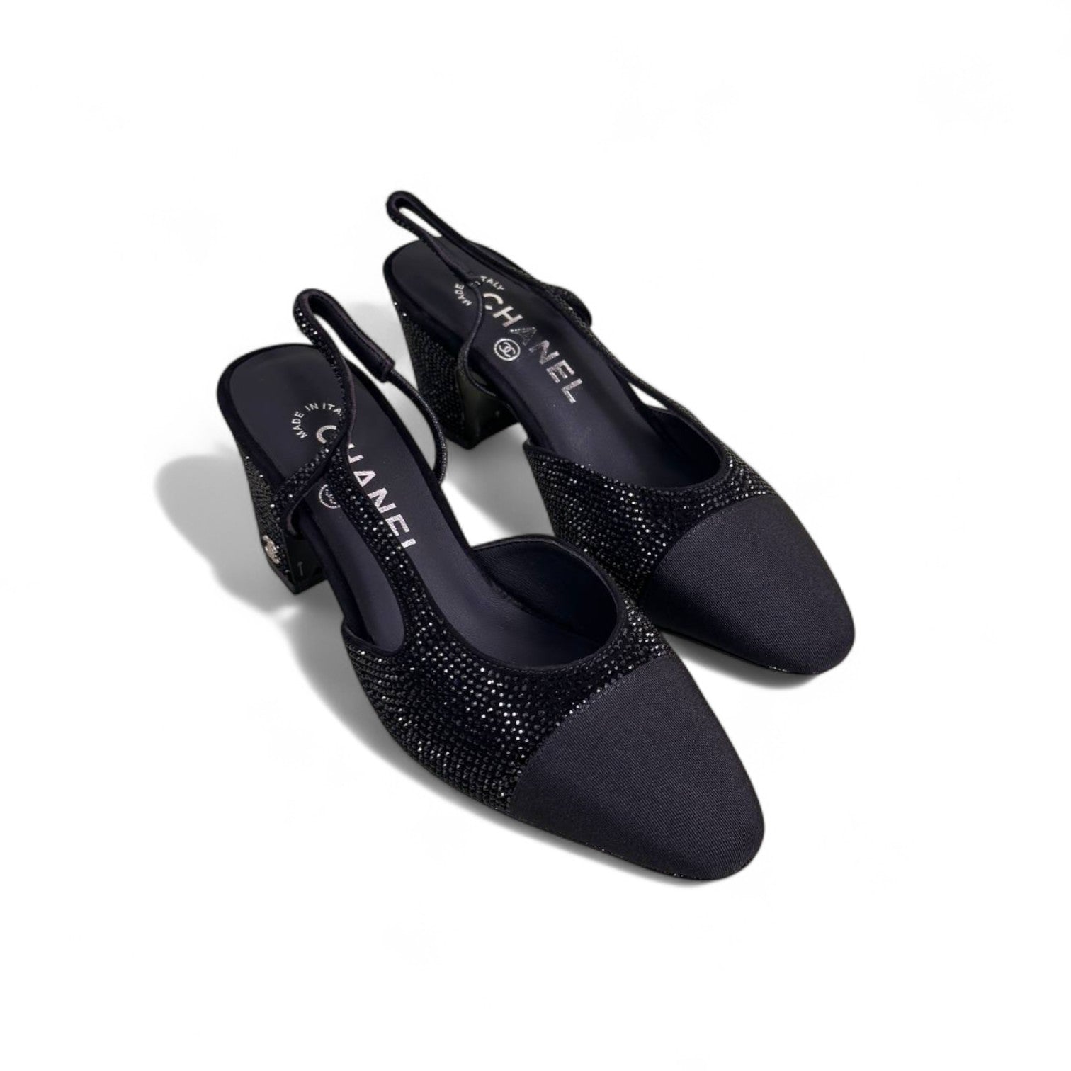 Chanel Slingback Heels, Crystal-Embellished & Grosgrain, 2.5 inches Heels, Black, Box Condition Not Good