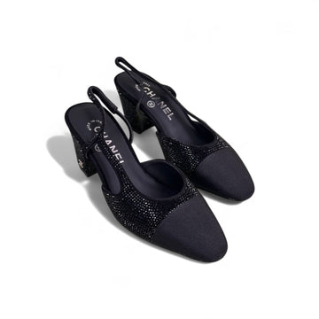 Chanel Slingback Heels, Crystal-Embellished & Grosgrain, 2.5 inches Heels, Black, Box Condition Not Good