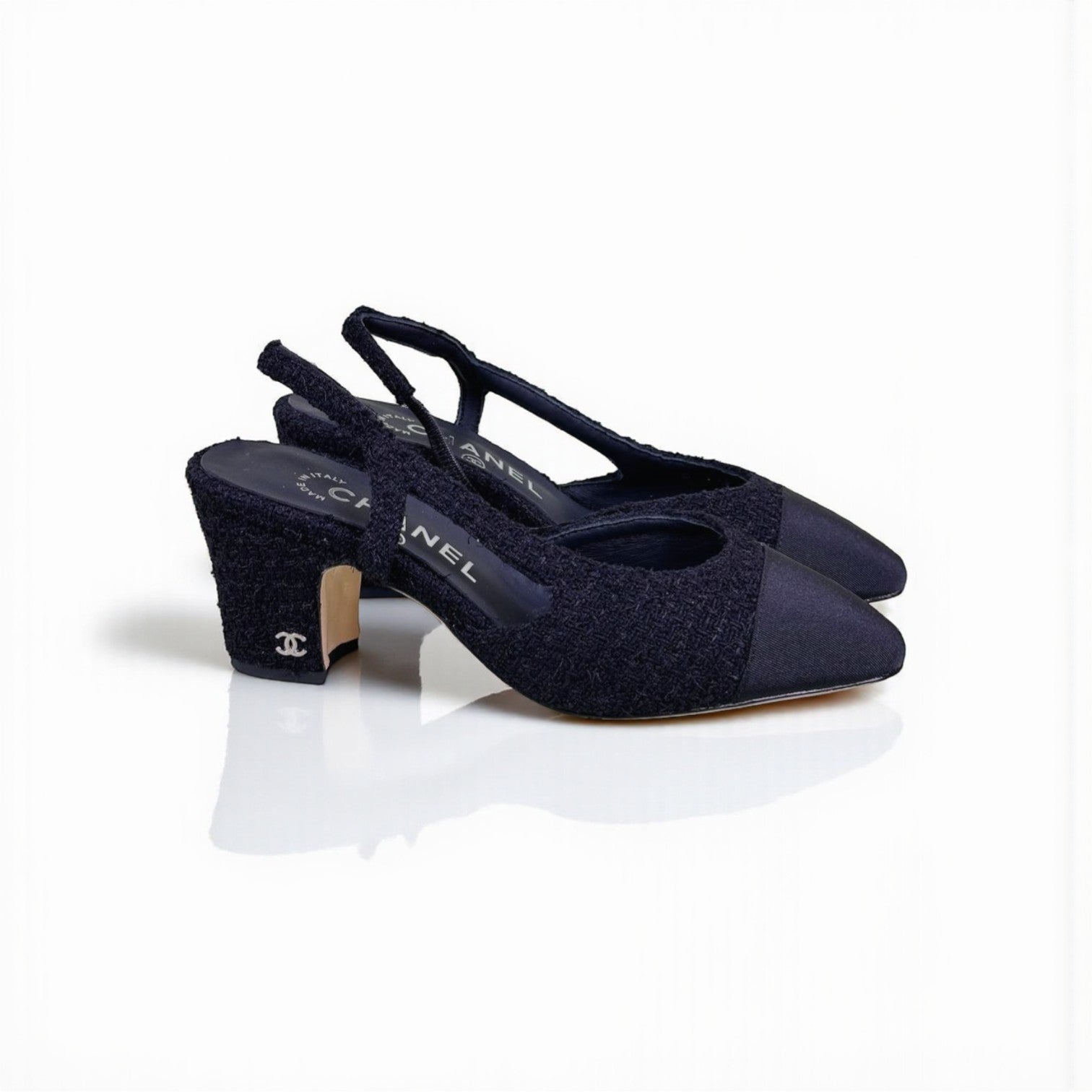 Chanel Slingback Heels, Cloth & Grosgrain, 2.5 inches Heels, Black, Shoe Box Condition Not Good
