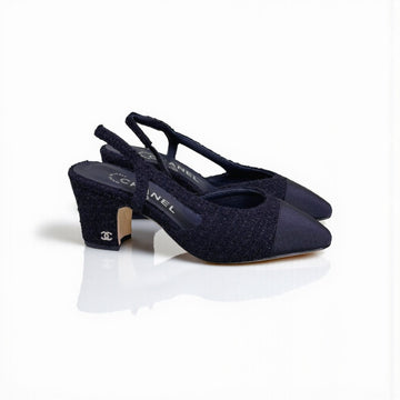 Chanel Slingback Heels, Cloth & Grosgrain, 2.5 inches Heels, Black, Shoe Box Condition Not Good