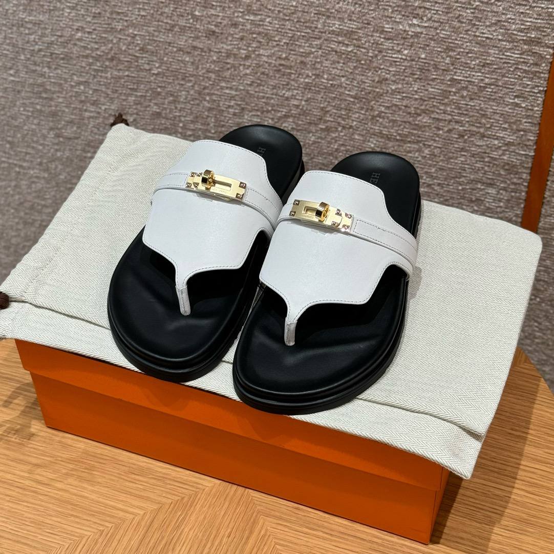 Hermes Empire Sandals, Blanc, Gold Hardware, Calfskin, Rubber Outsole