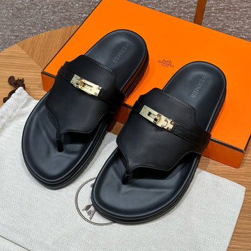 Hermes Empire Sandals, Black, Gold Hardware, Calfskin, Rubber Outsole