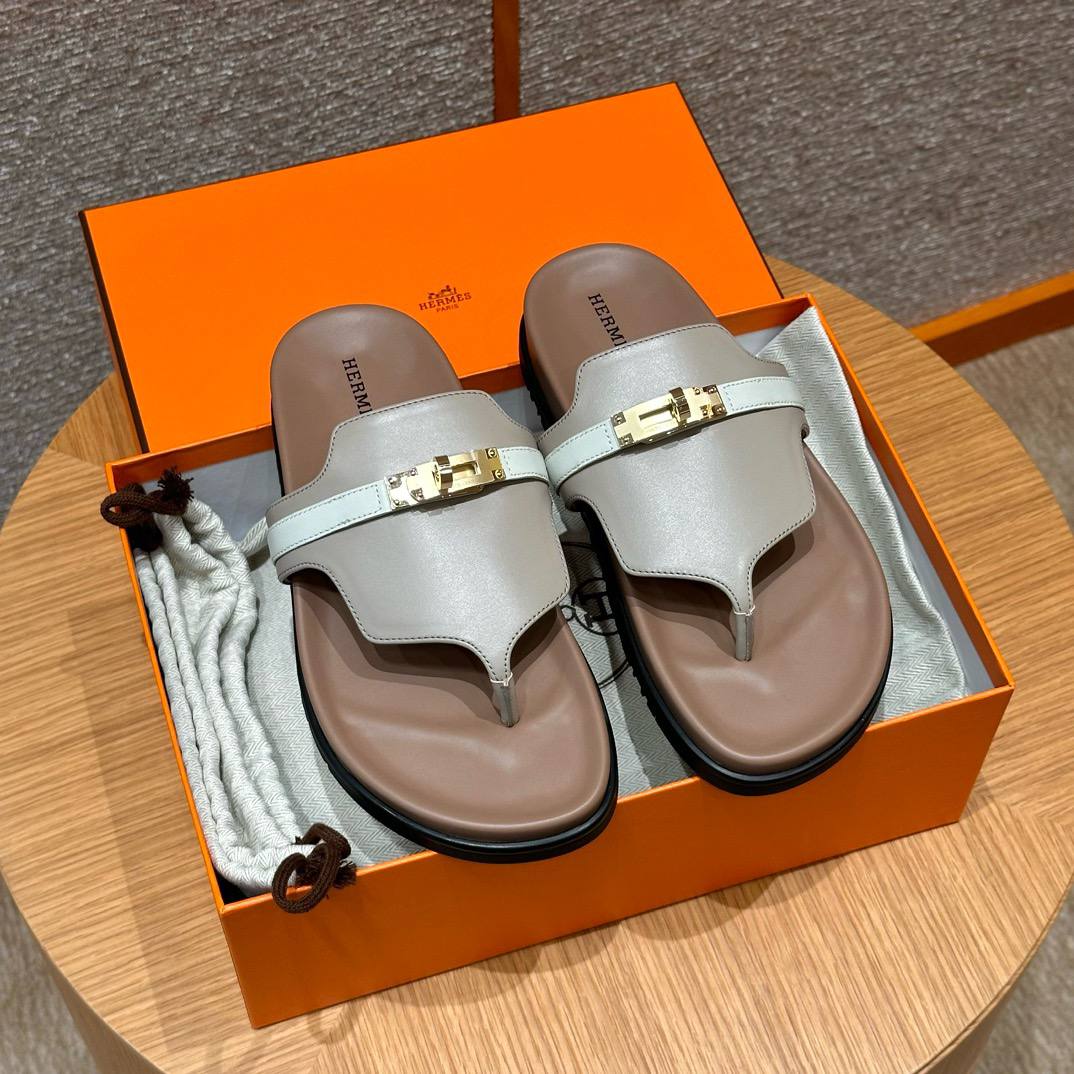 Hermes Empire Sandals, Gold Hardware, Grayish-yellow Beige, Calfskin, Rubber Outsole