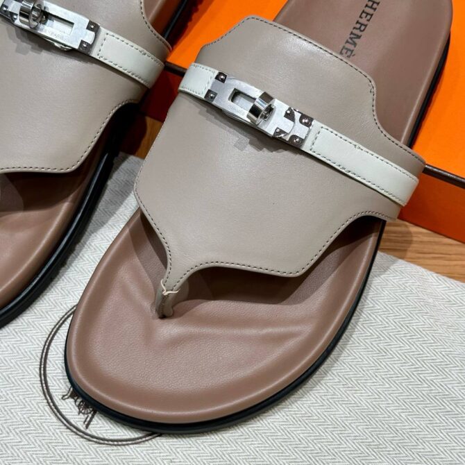 Hermes Empire Sandals, Silver Hardware, Grayish-yellow Beige, Calfskin, Rubber Outsole