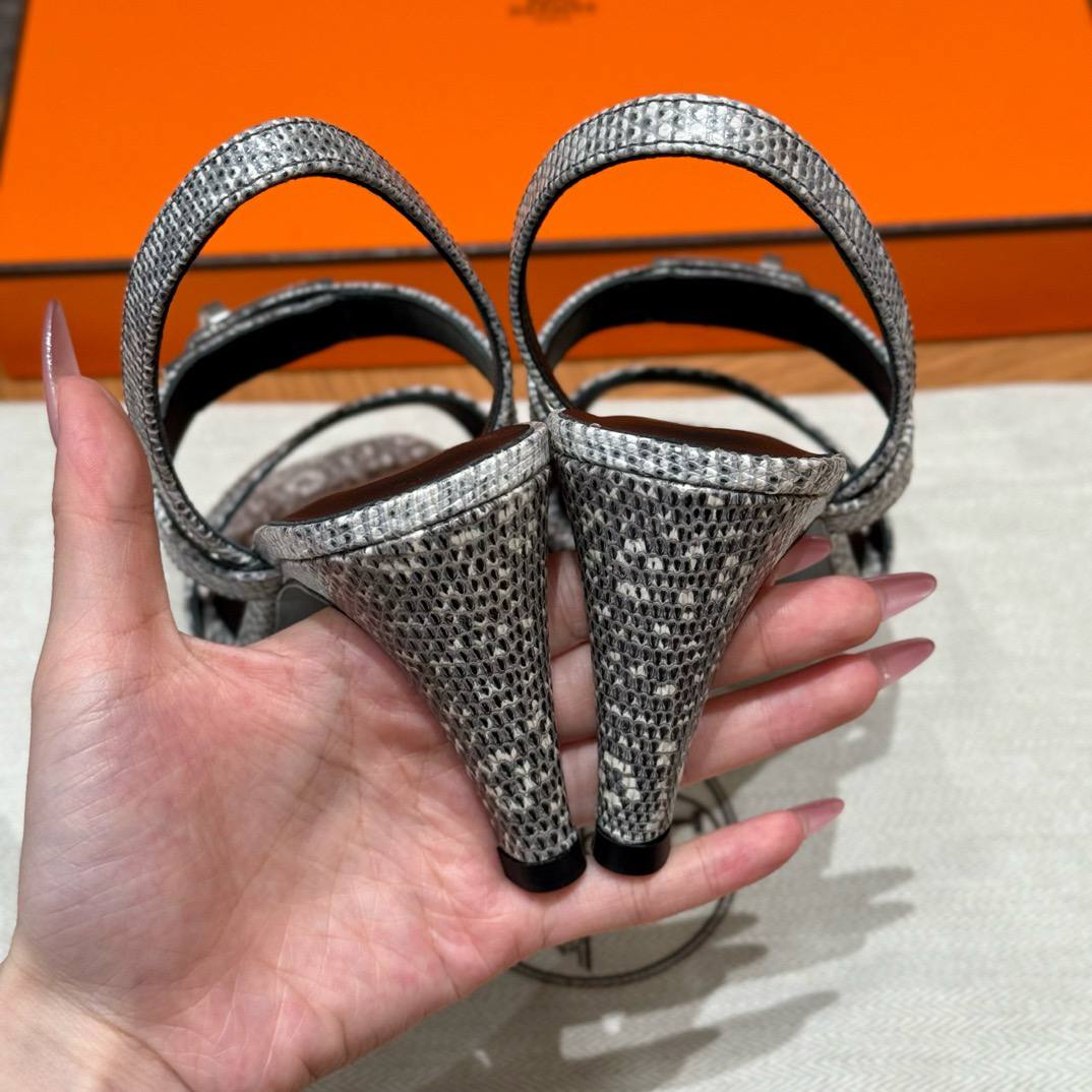 Hermes Lizard Glamour Sandals, Himalaya, Lizard Leather, 7.5cm / 3" Heels