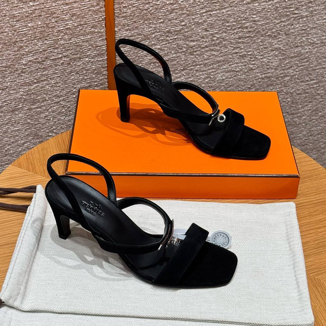 Hermes Glamour Sandals, Noir, Chamois Leather, 7.5cm / 3" Heels, Silver Hardware
