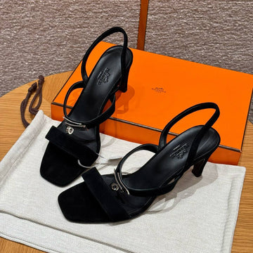 Hermes Glamour Sandals, Noir, Chamois Leather, 7.5cm / 3" Heels, Silver Hardware
