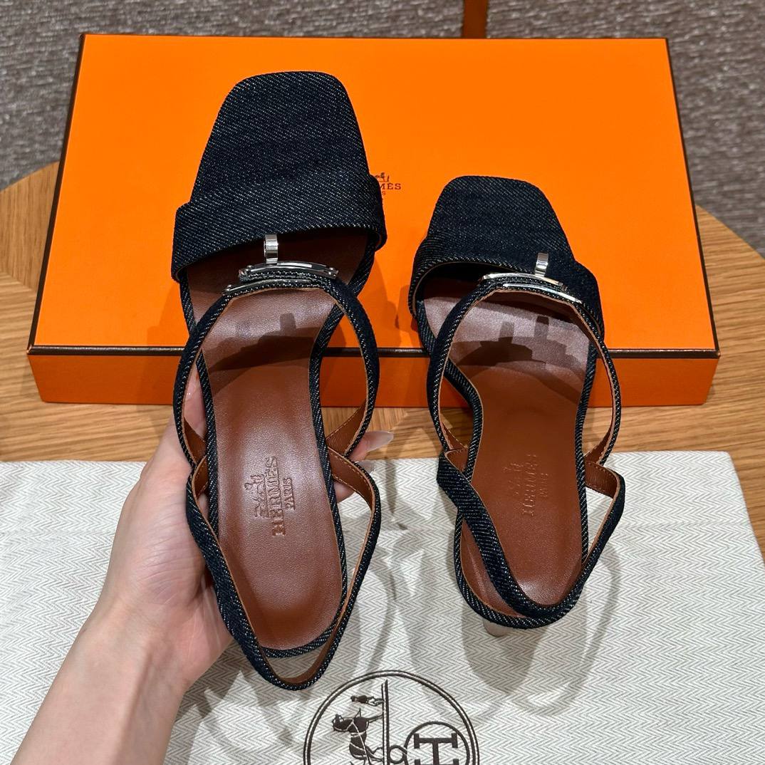 Hermes Glamour Sandals, Dark Denim, Calfskin, 7.5cm / 3" Heels, Silver Hardware