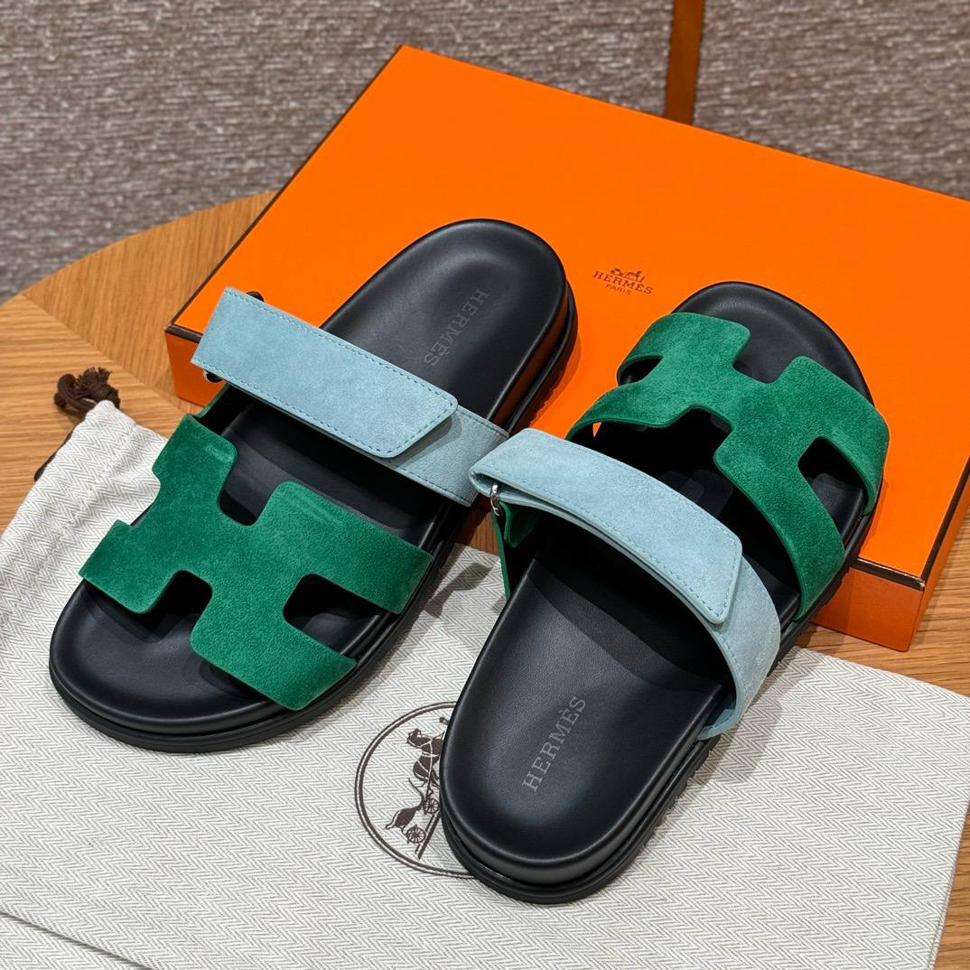 Hermes Chypre Sandals, Green/Light Blue, Chamois Leather, Rubber Outsole