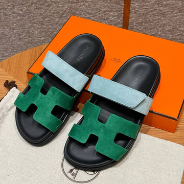 Hermes Chypre Sandals, Green/Light Blue, Chamois Leather, Rubber Outsole