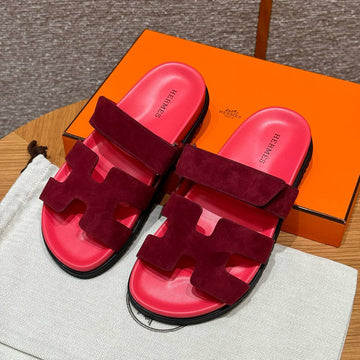 Hermes Chypre Sandals, Rose Red, Chamois Leather, Rubber Outsole