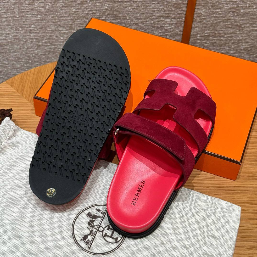 Hermes Chypre Sandals, Rose Red, Chamois Leather, Rubber Outsole