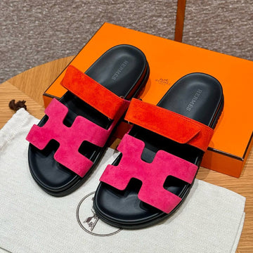 Hermes Chypre Sandals, Red & Rose, Chamois Leather, Rubber Outsole