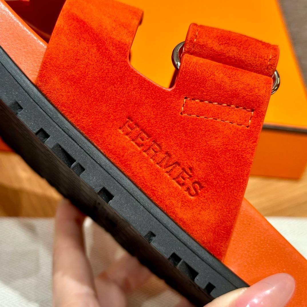 Hermes Chypre Sandals, Orange, Chamois Leather, Rubber Outsole