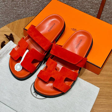 Hermes Chypre Sandals, Orange, Chamois Leather, Rubber Outsole