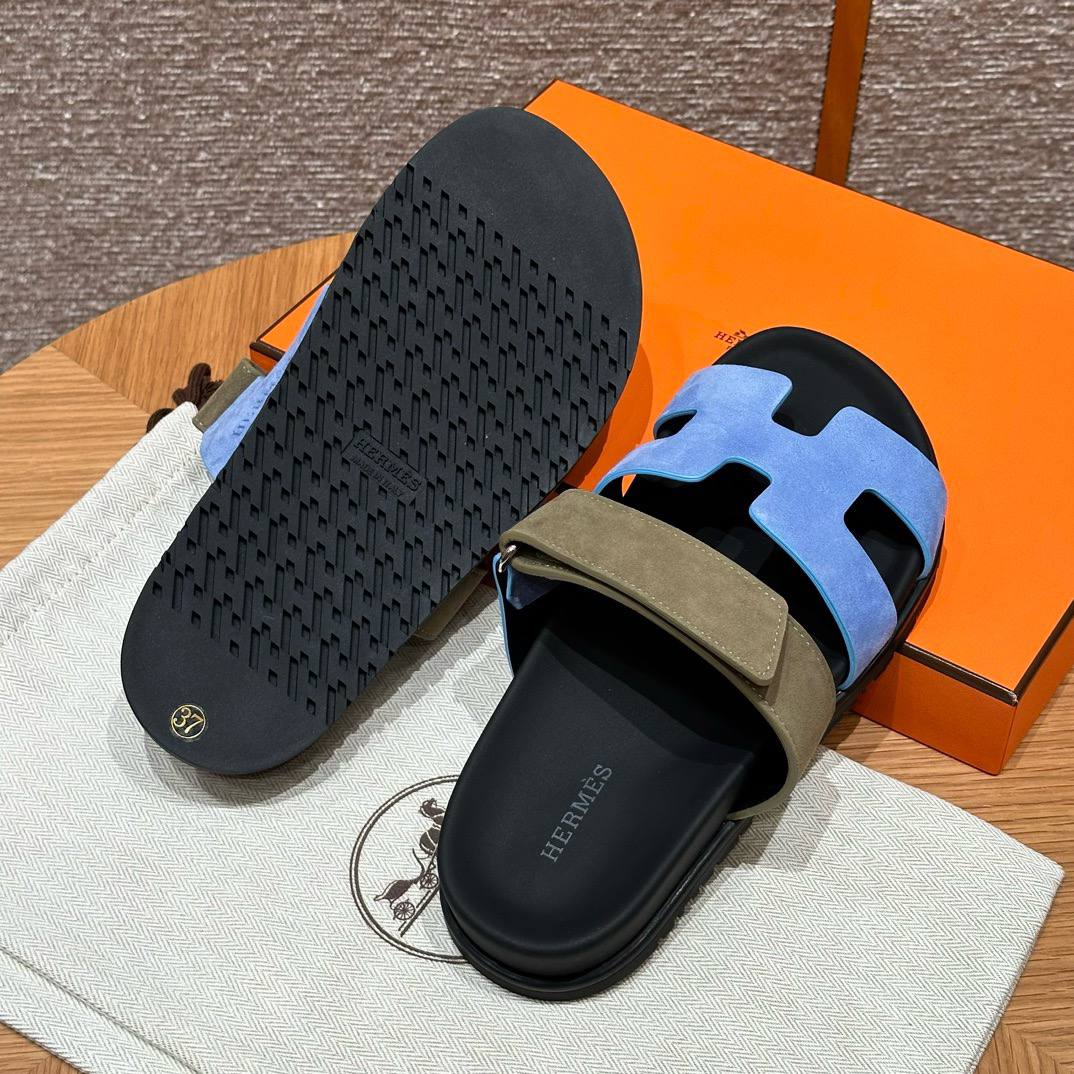 Hermes Chypre Sandals, Light Blue & Green, Chamois Leather, Rubber Outsole