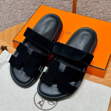 Hermes Chypre Sandals, Noir, Chamois Leather, Rubber Outsole