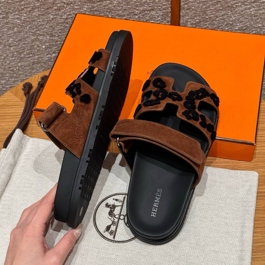 Hermes Chypre Sandals, Brun Fume, Chamois Leather, Rubber Outsole