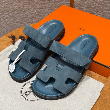 Hermes Chypre Sandals, Purplish Blue, Chamois Leather, Rubber Outsole