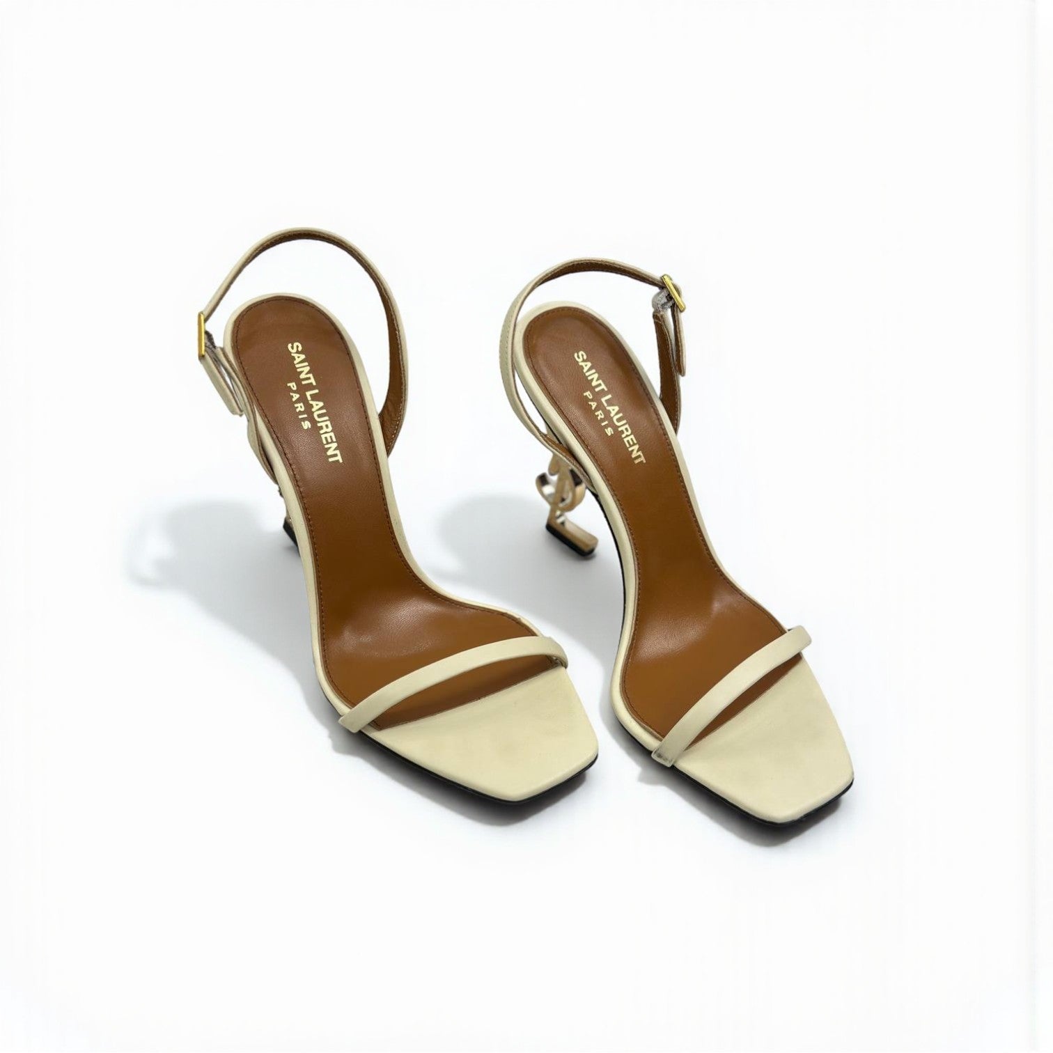 YSL Opyum Heels, Smooth Leather, 4.5" Logo Heels, Black Stain & Damaged Box