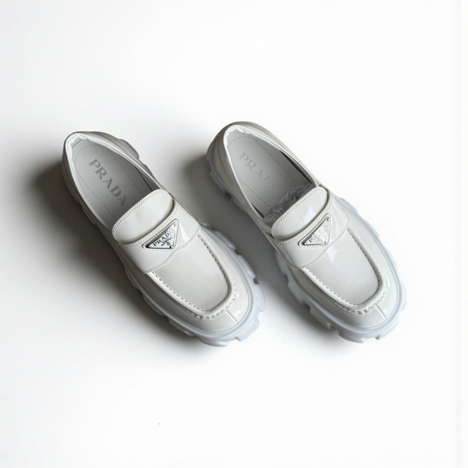 Prada Brushed Leather Monolith Loafers, Patent Leather, Box Damaged