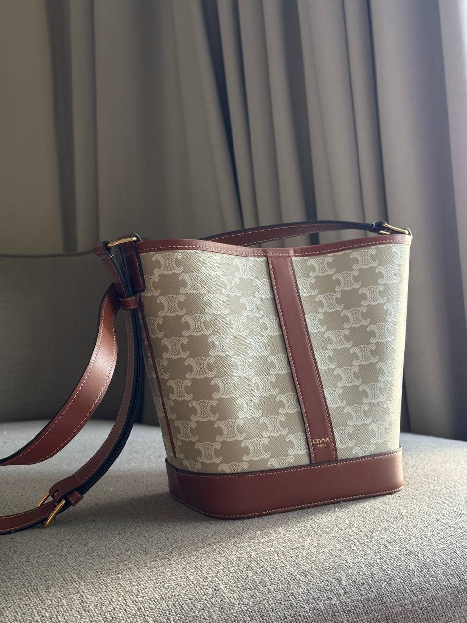 Celine Medium Bucket Triomphe Canvas Calfskin 22x23x13cm