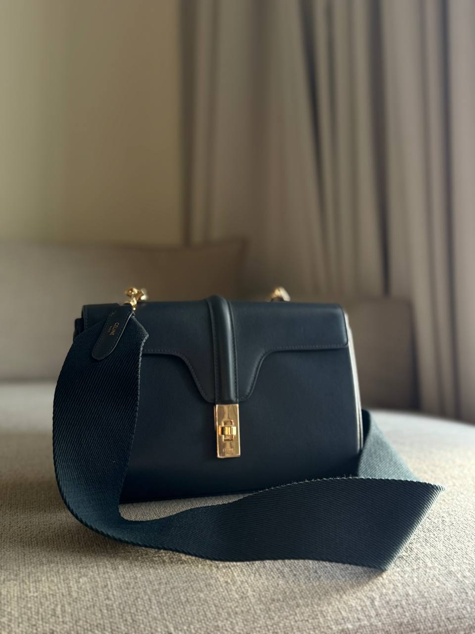 Celine Teen Soft 16 Smooth Calfskin Shoulder Bag Navy Blue 15x24x8cm