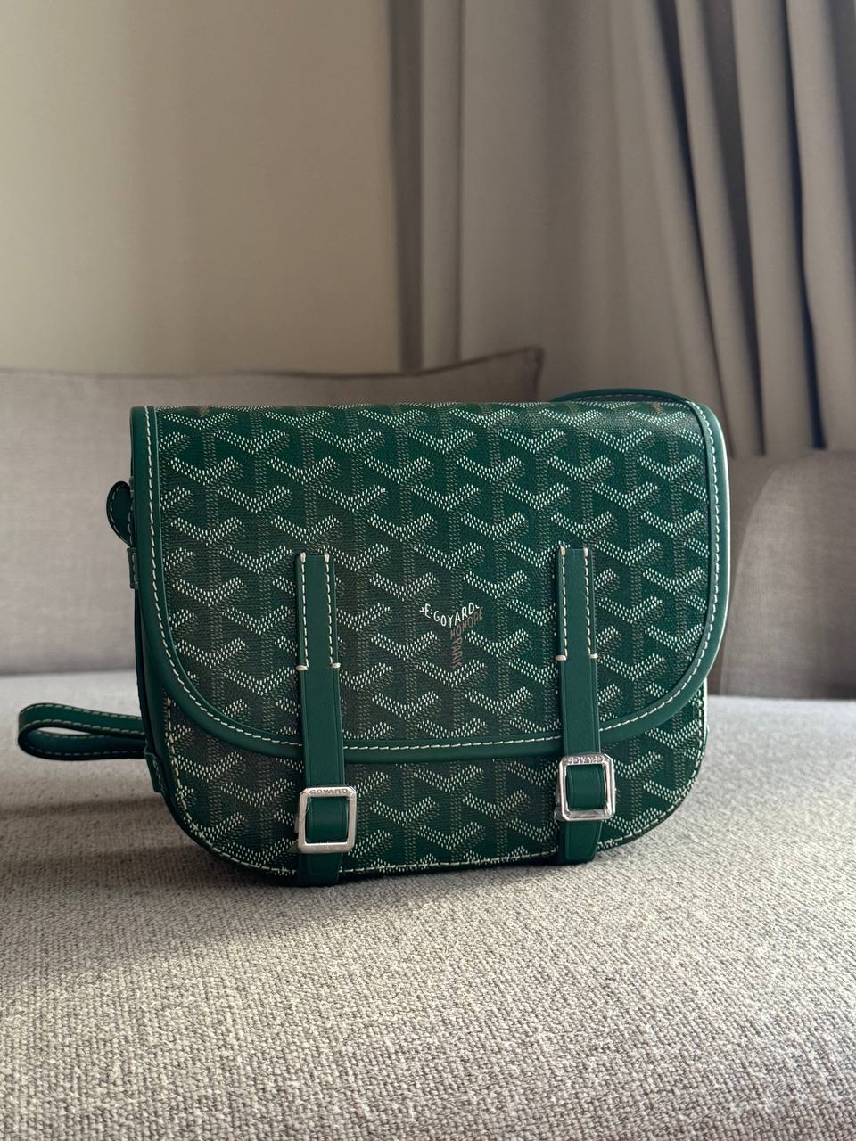 Goyard Belvedere PM Messenger Bag Green Goyardine Canvas Taurillon Leather 15x20x7cm