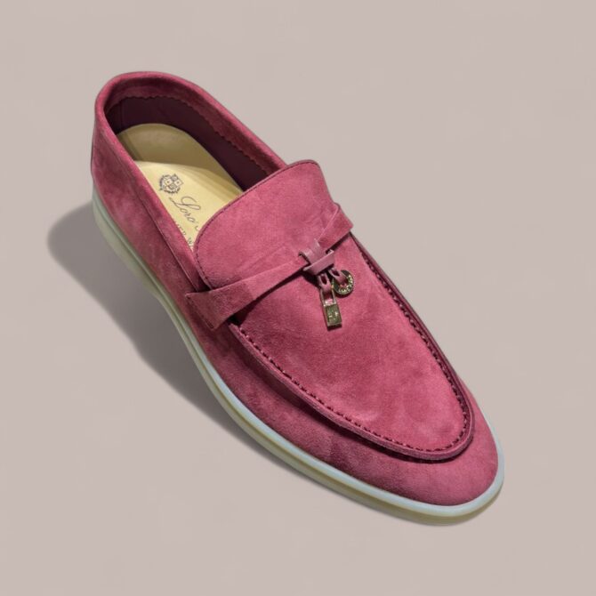 Loro Piana Summer Charms Walk Loafer Suede, Dried Rose Red, Rubber Sole, Gold Hardware, Box Damaged