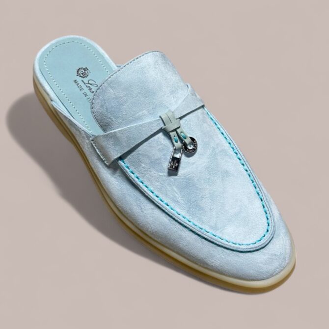 Loro Piana Babouche Charms Walk Loafers Suede, Cyan Sapphire, Rubber Sole, Palladium Hardware, Box Damaged