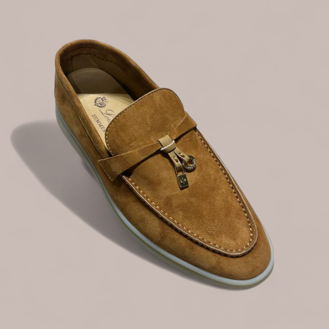 Loro Piana Summer Charms Walk Loafer Suede, Golden Brown, Rubber Sole, Gold Hardware, Box Damaged