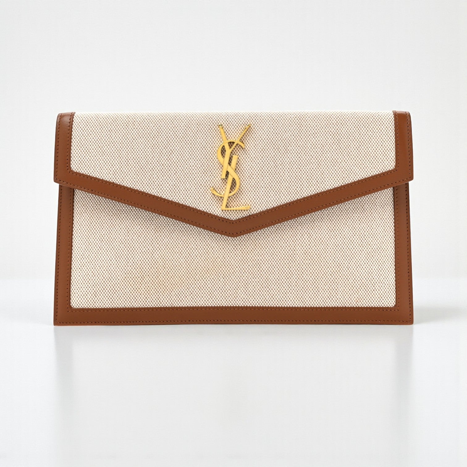 YSL Uptown Pouch Brown & Beige – Canvas & Leather, 27 cm