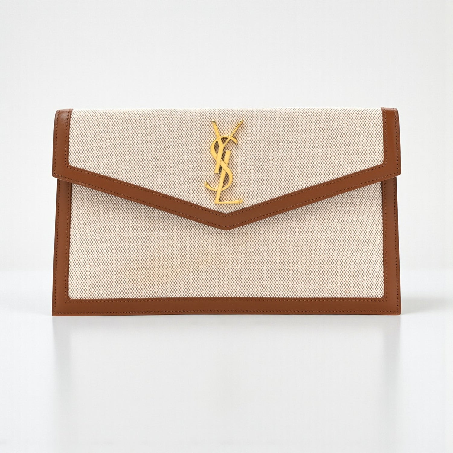 YSL Uptown Pouch Brown & Beige – Canvas & Leather, 27 cm