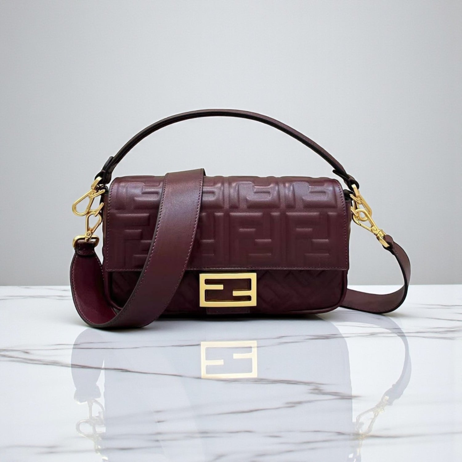 Fendi Baguette Nappa Leather Bag Maroon, 27 cm