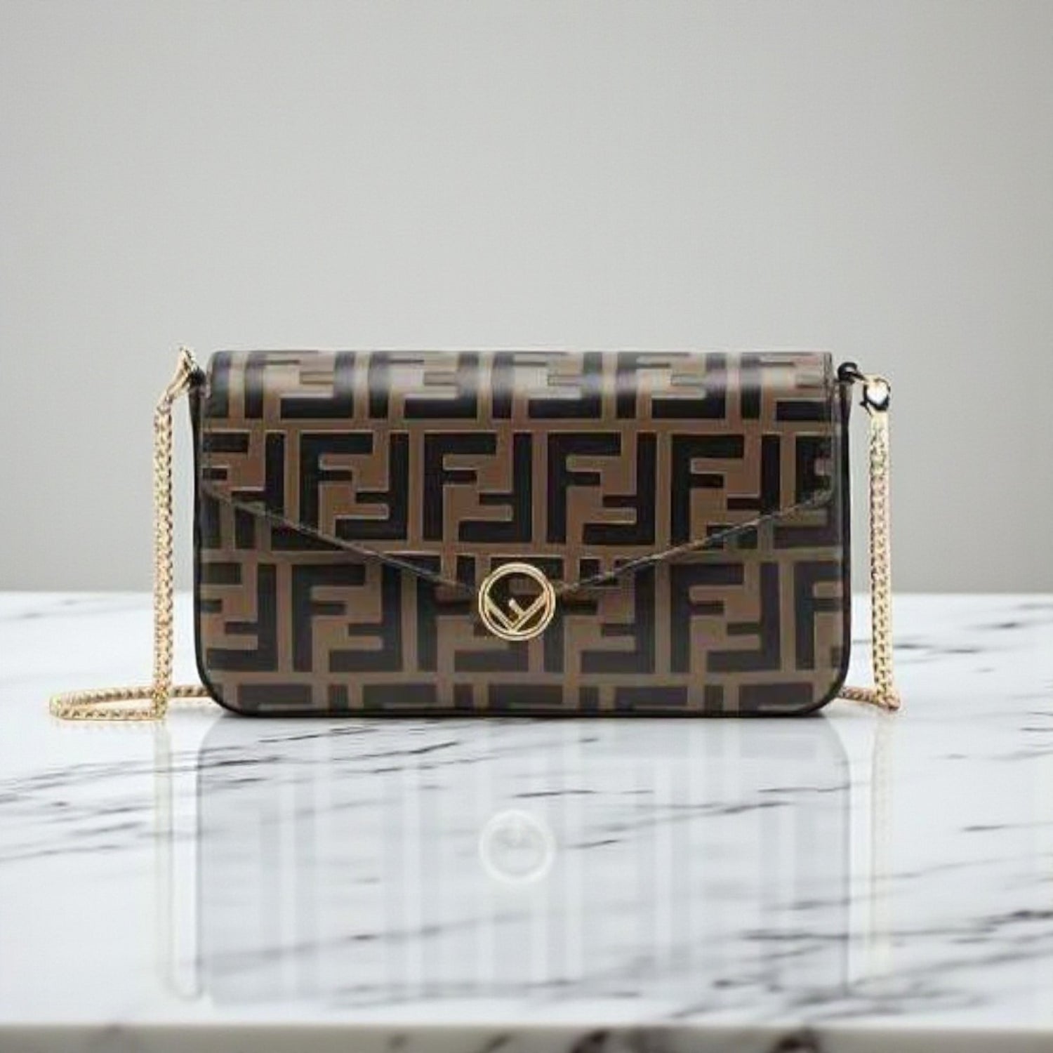 Fendi Bi-Color FF Embossed Envelope Wallet On Chain, 20 cm
