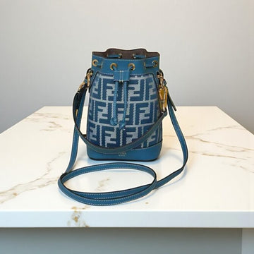 Fendi Mon Tresor Bucket Bag Blue Denim-Effect FF Jacquard, 18x14x12 cm