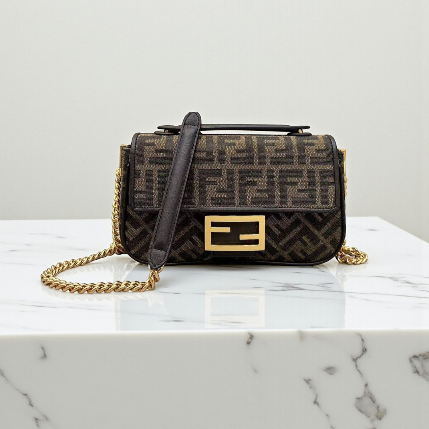 Fendi Baguette Chain Midi Brown Jacquard FF Fabric Bag, 23 cm