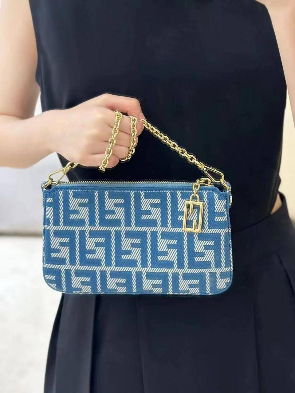 Fendi Baguette Pouch Blue Denim-Effect FF Jacquard, 20 cm