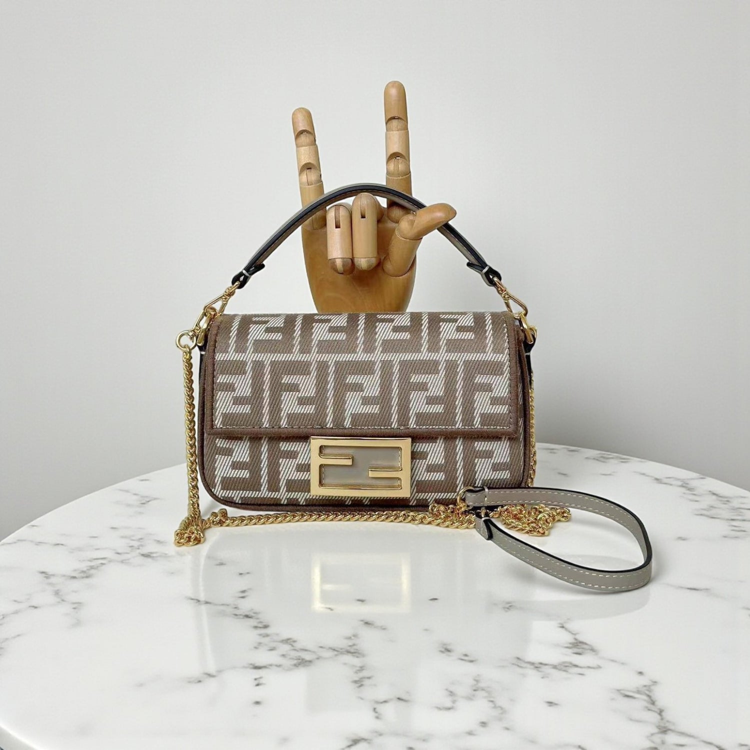 Fendi Baguette Mini Bag Dove Grey Denim-Effect FF Jacquard, 20 cm