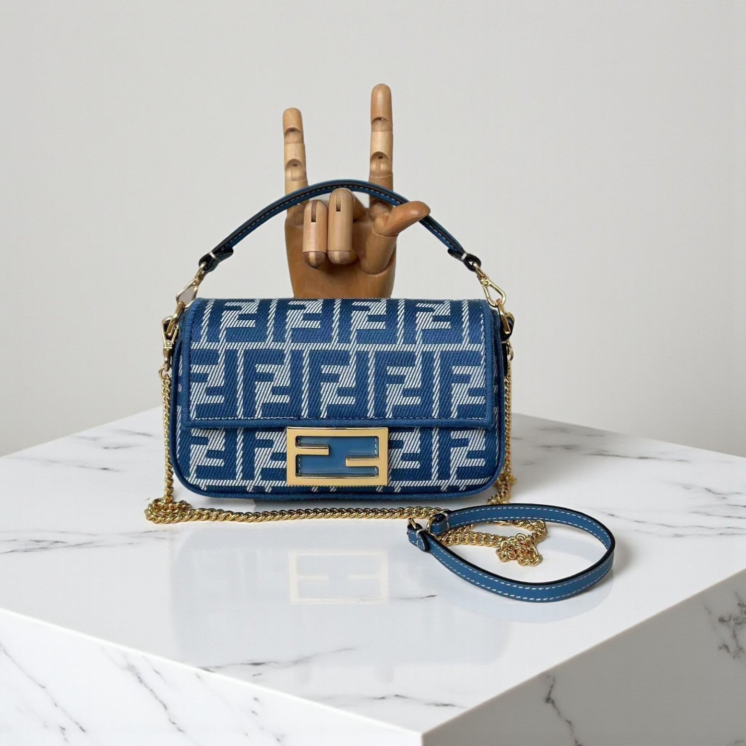 Fendi Baguette Mini Bag Blue Denim-Effect FF Jacquard, 20 cm