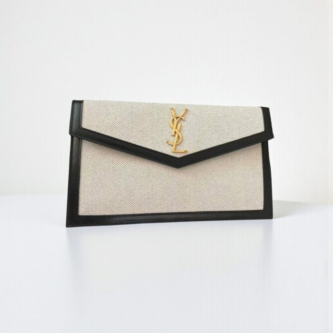 YSL Uptown Pouch Black – Canvas & Leather, 27 cm