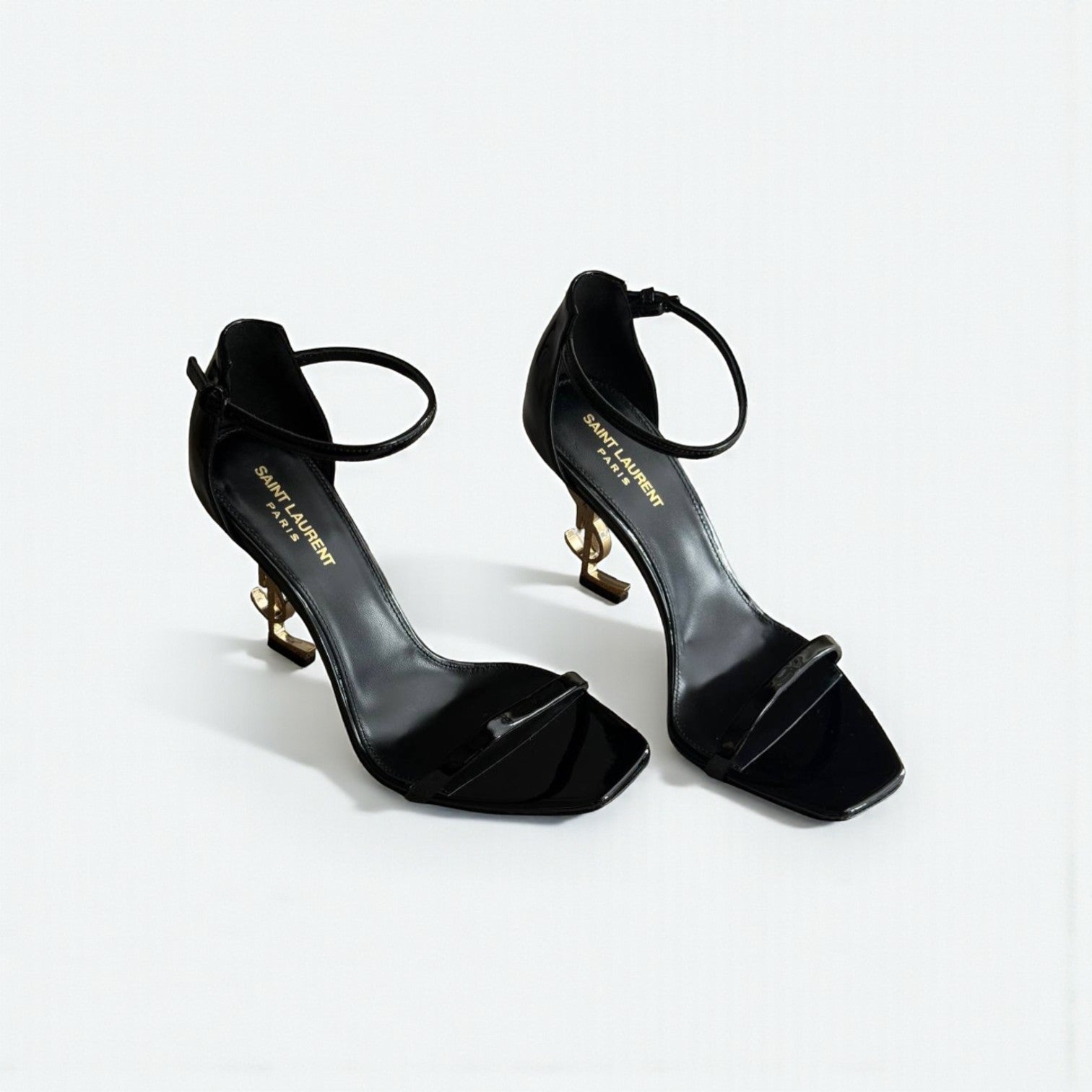YSL Black Opyum Patent Leather Ankle-Strap Heels, 4.5" Logo Heels, Box Damaged
