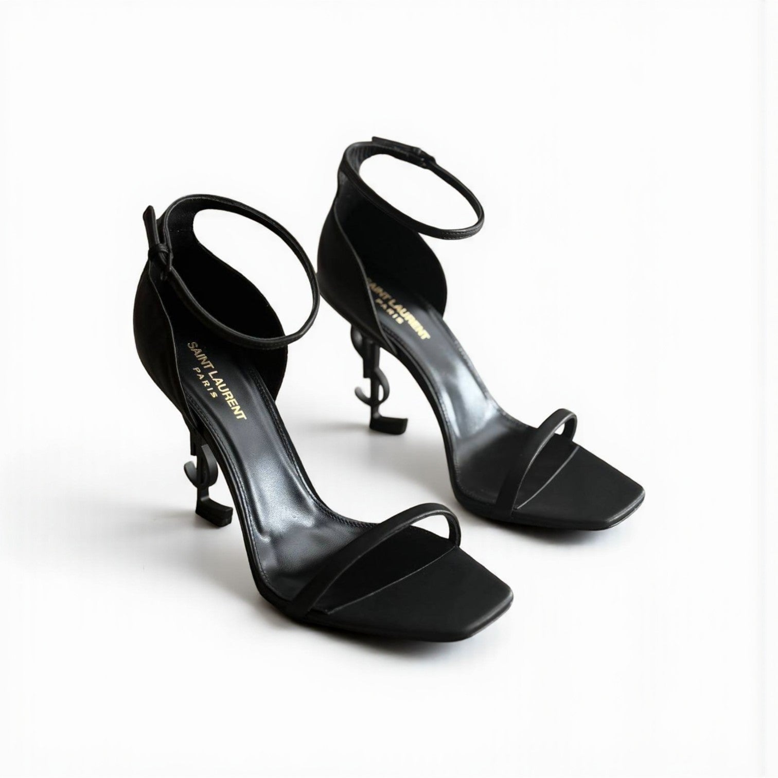 YSL Opyum Leather Logo Heels, All Black, 4.5" Heels, Matte Black, Box Damaged